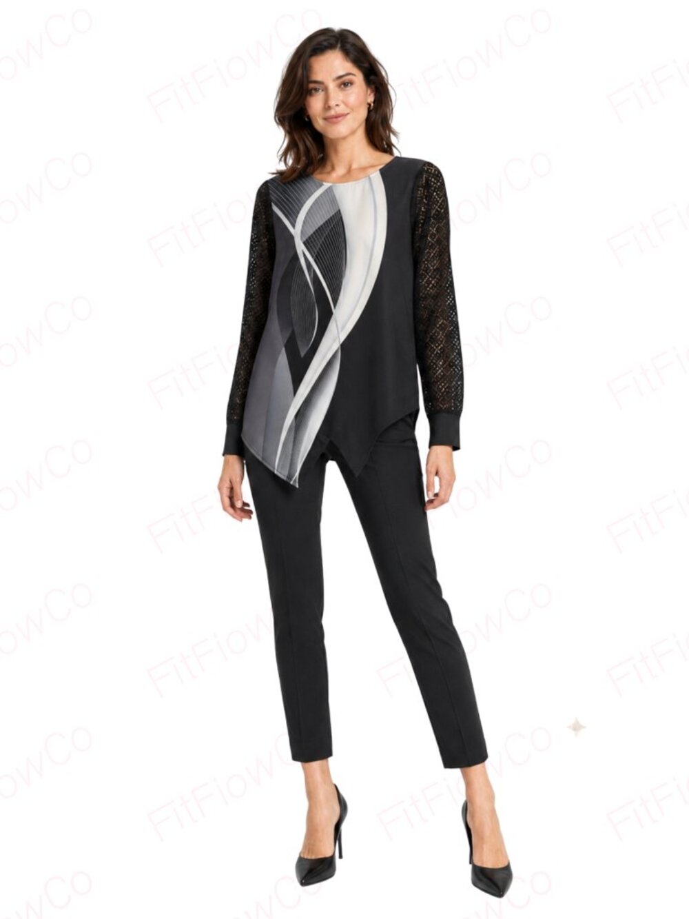 Abstract Print Asymmetrical Pointed Hem Blouse M Lace Sleeves NWT
